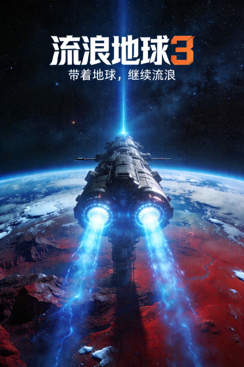 流浪地球3电影概念海报，巨大的行星发动机与地球